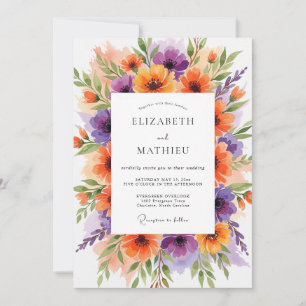 Künstlerische botanische Hochzeit in Orange und Li Einladung