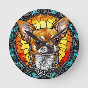 Künstlerische Chihuahua-Illustration in festem Gla Runde Wanduhr