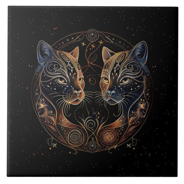 Künstlerische Feline Circle Twin Cats Fliese (Vorderseite)