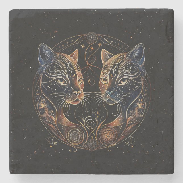 Künstlerische Feline Circle Twin Cats Steinuntersetzer (Vorderseite)