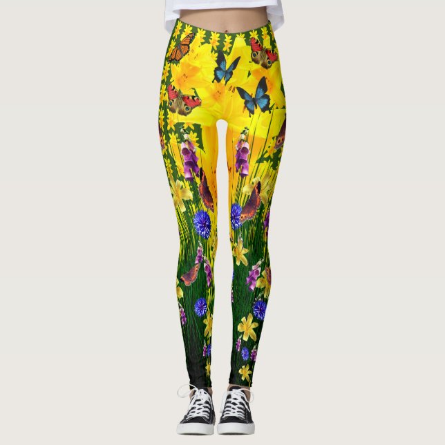 Künstlerische Grüne Fun Butterfly Spring Blumen Leggings (Vorderseite)
