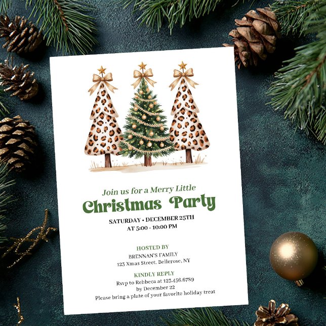 Künstlerische grüne goldene Leopard-Weihnachtsbaum Einladung (Artistic green gold leopard Christmas tree invite)