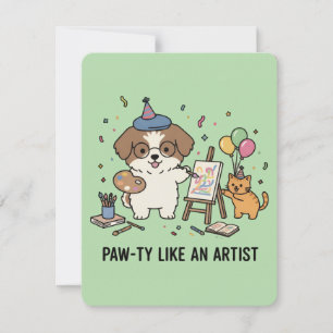 Künstlerische Hunde-Katzen-Festtagsfeier Grün Einl Einladung