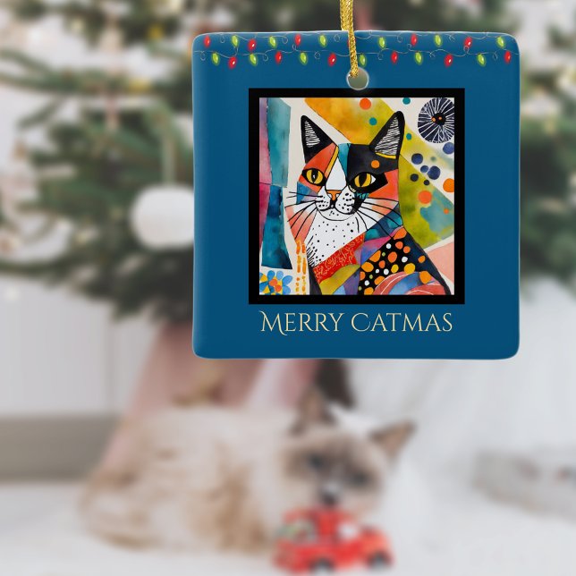 Künstlerische Katze mit Weihnachtsbeleuchtung Merr Keramikornament (Von Creator hochgeladen)