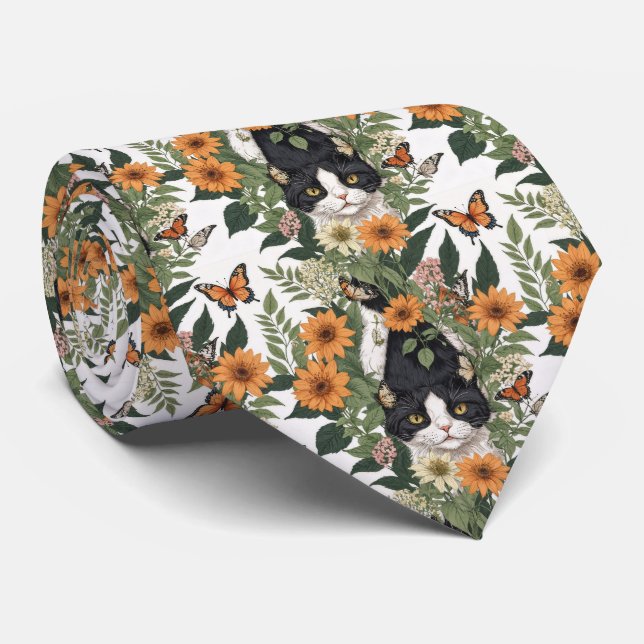 Künstlerische Katze, Schmetterlinge, Blumen Floral Krawatte (Gerollt)