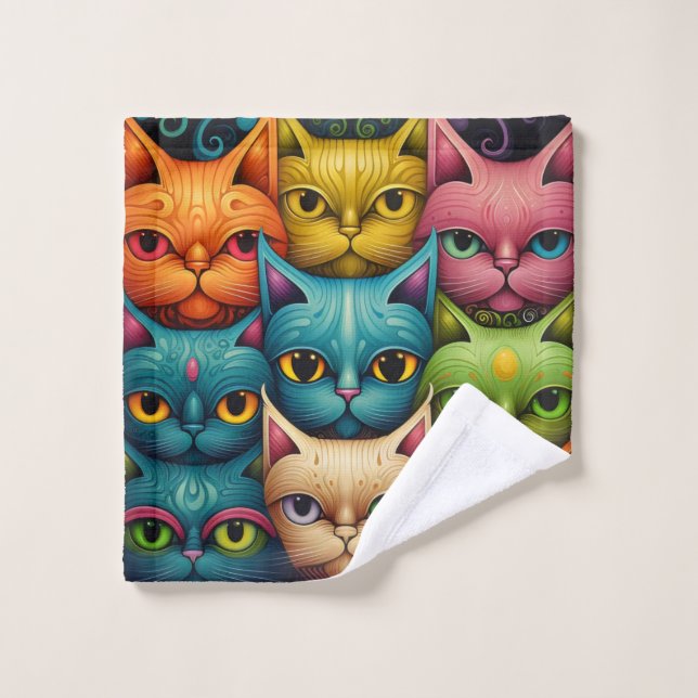 Künstlerische Katzenfamilie Badhandtuch Set (Waschlappen)
