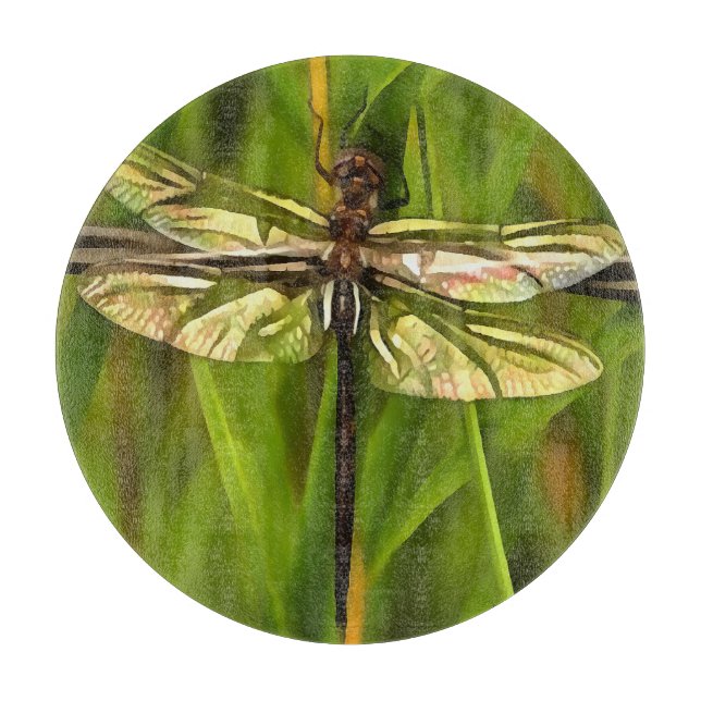 Künstlerische Libelle in Braun und Gelb auf Grün Schneidebrett (Vorderseite)