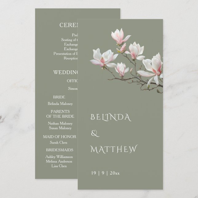 Künstlerische Magnolie Sagegrün | Hochzeitsprogram (Vorne/Hinten)