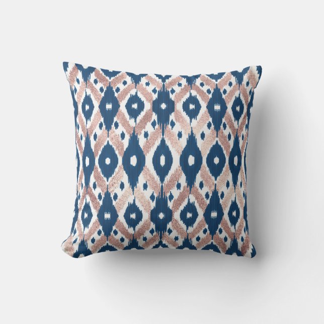 Künstlerische moderne Rose Gold Navy Blue Ikat Geo Kissen (Vorderseite)