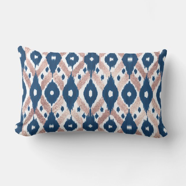 Künstlerische moderne Rose Gold Navy Blue Ikat Geo Kissen Für Draußen (Vorderseite)