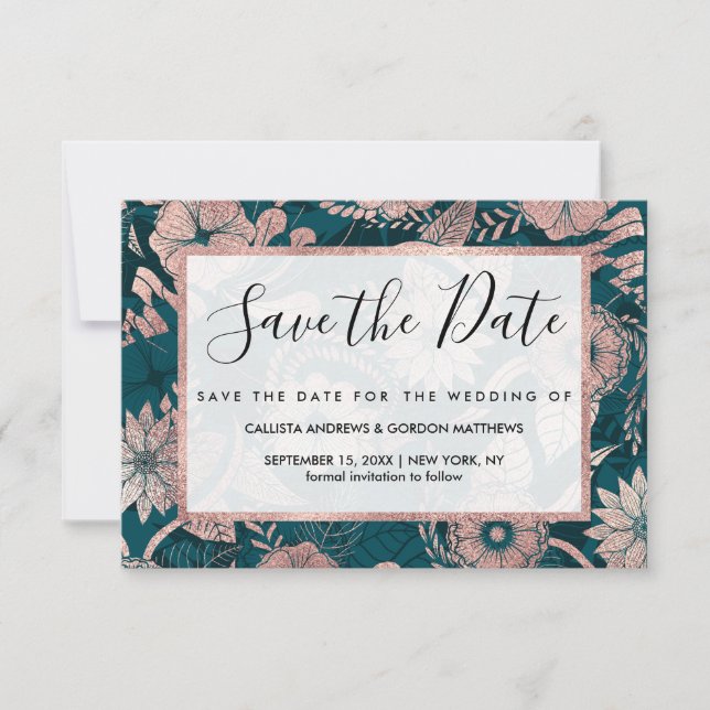 Künstlerische moderne Rose Gold Smaragdgrüne Blume Save The Date (Vorderseite)