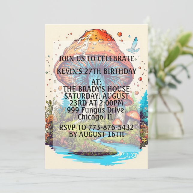 Künstlerische Mushroom-Illustration Geburtstagspar Einladung (Stehend Vorderseite)