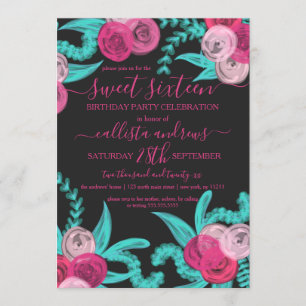 Künstlerische Neon Rosa Aquamarine Blume Sweet 16 Einladung