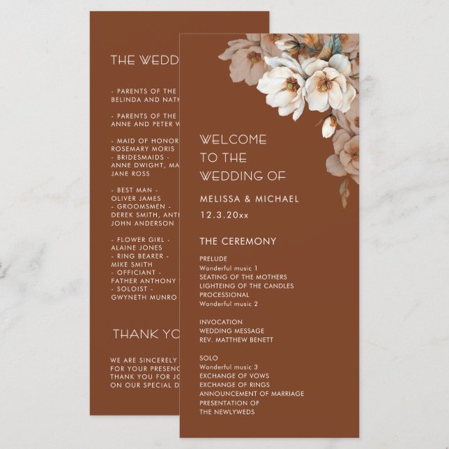 Künstlerische neutrale Blumen Terrakotta Hochzeit Programm (Vorne/Hinten)