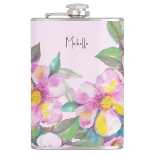 Künstlerische Pfirsichblüten Aquarell Personalisie Flachmann