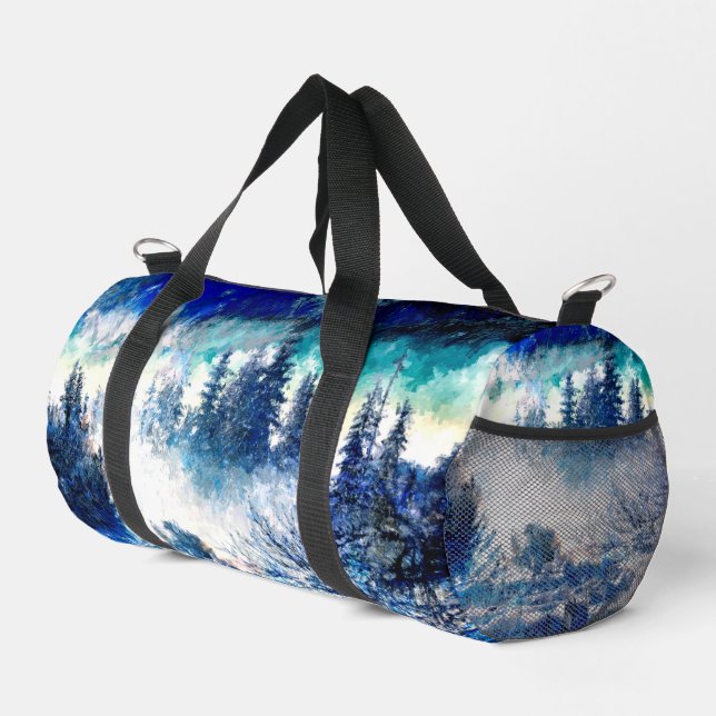 Künstlerische Pines im Schneesturm Duffle Bag (Rechte Ecke)