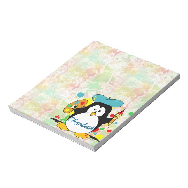 Künstlerische Pinguin Painter Personalize Notizblock (Rotiert)