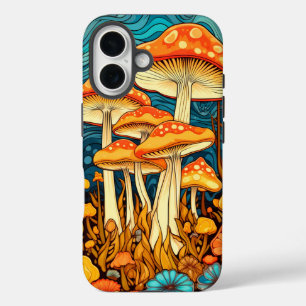 Künstlerische Retro-Pilz-Wald-Illustration iPhone 16 Hülle