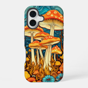Künstlerische Retro-Pilz-Wald-Illustration iPhone 16 Hülle