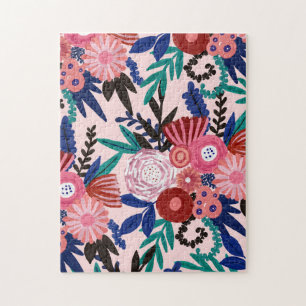 Künstlerische rosa blaue Acrylfarben Blume Blätter Puzzle