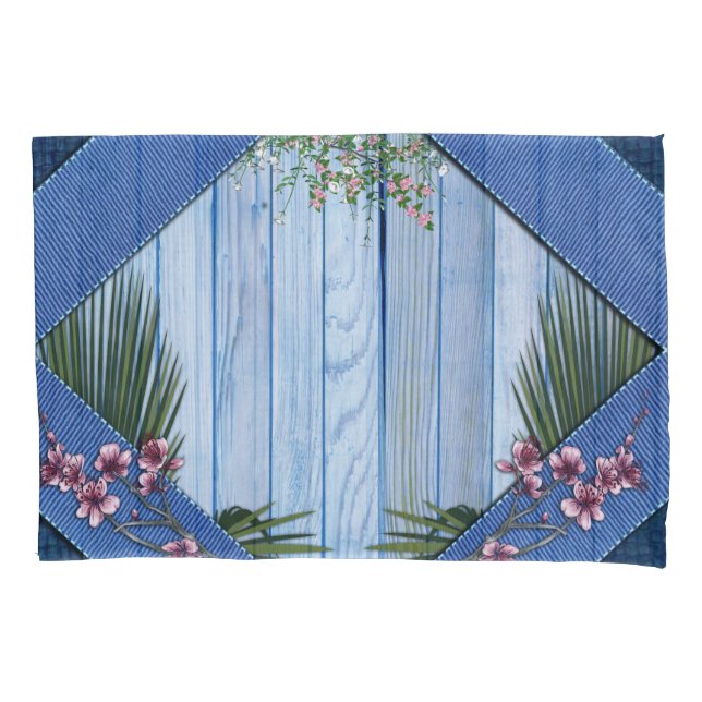 Künstlerische, rosa Blume auf blauem Holzstoff-Tex Kissenbezug (Vorderseite)