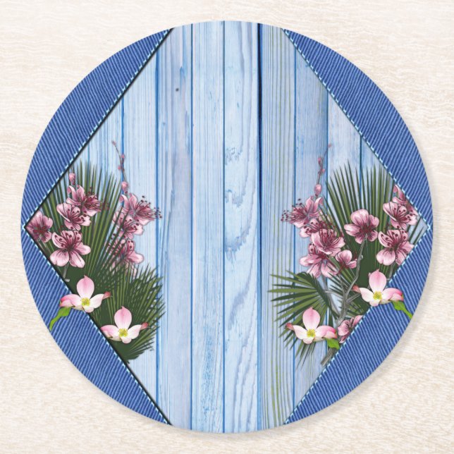Künstlerische, rosa Blume auf blauem Holzstoff-Tex Runder Pappuntersetzer (Vorderseite)