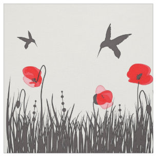 Künstlerische rote Mohnblumen und Kolibris Stoff