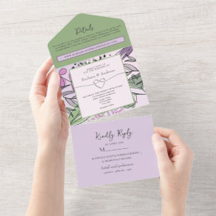 Künstlerische Sage Green Purple Hochzeit All In One Einladung