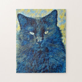 Künstlerische schwarze Katze im Blauen Rätsel Puzzle