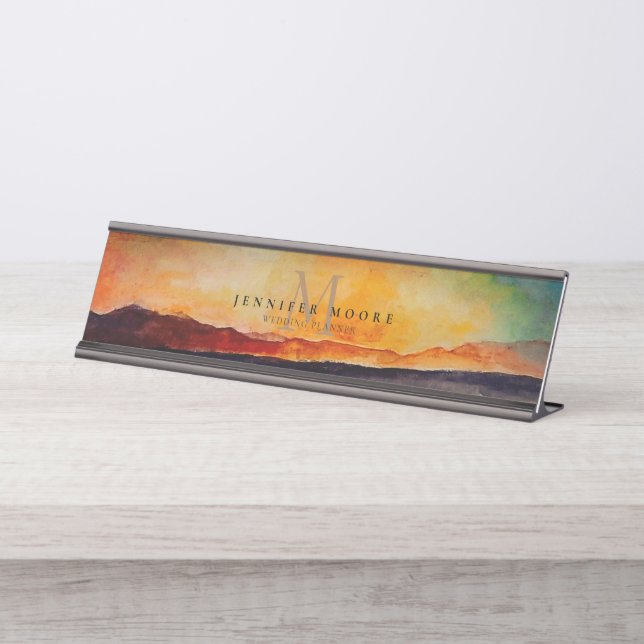 Künstlerische Wasserfarbengebirge Landschaft Mit M Schreibtischnamensplakette (Vorderseite )