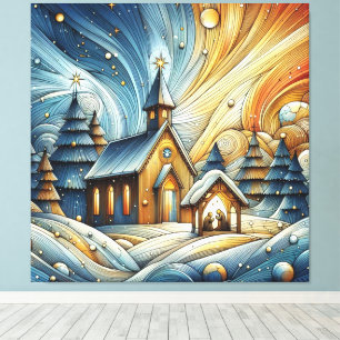 Künstlerische Whimsikkirche mit Weihnachtsbäumen Leinwanddruck