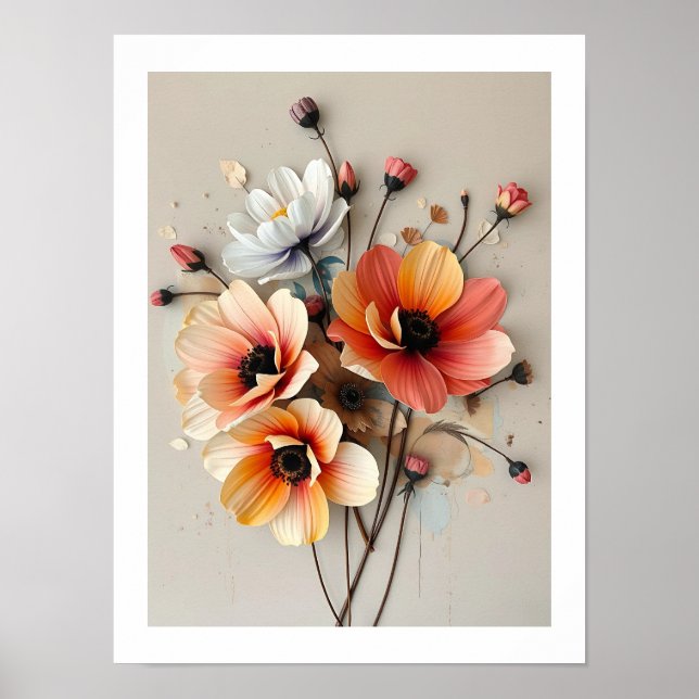 Künstlerischer 3D-Blumenposter im Papierstil Poster (Vorne)