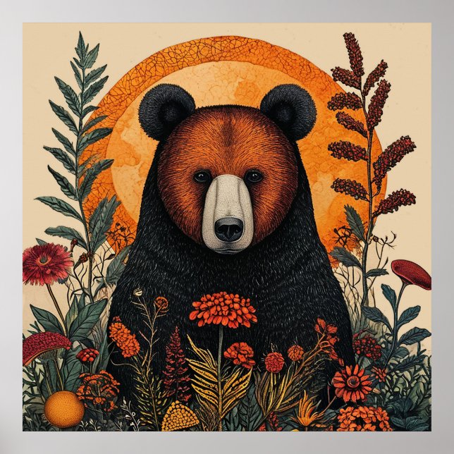 Künstlerischer Bär unter lebendigen botanischen Bl Poster (Vorne)
