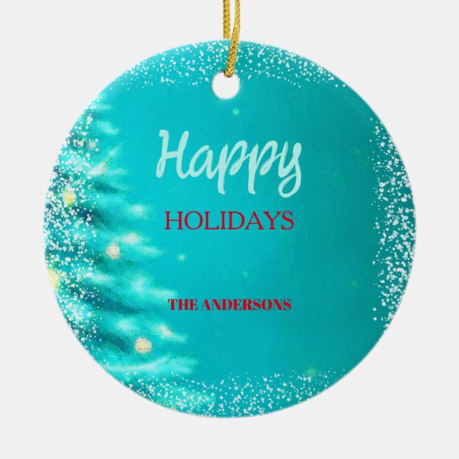 Künstlerischer blauer Weihnachtsbaum  Keramik Ornament (Vorne)