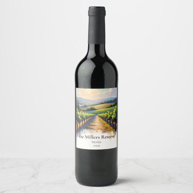 Künstlerischer impressionistischer Weinberg-Sonnen Weinetikett (Vorderseite)