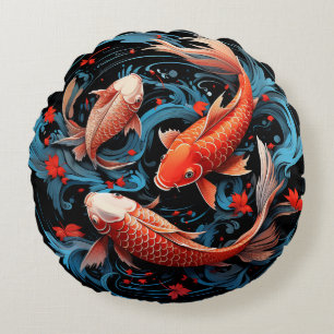 Künstlerischer Koi Fisch mit schwarzer Basis Rundes Kissen
