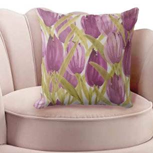 Künstlerischer Lila Rosa Tulpen-Aquarell Kissen