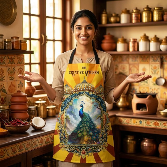 Künstlerischer Pfau Indischer Palast Schürze (Artistic Indian cuisine apron with a fantasy peacock design)