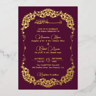 Künstlerischer Pflaumen-Gold-Blumen-Paisley-Muslim Folieneinladung