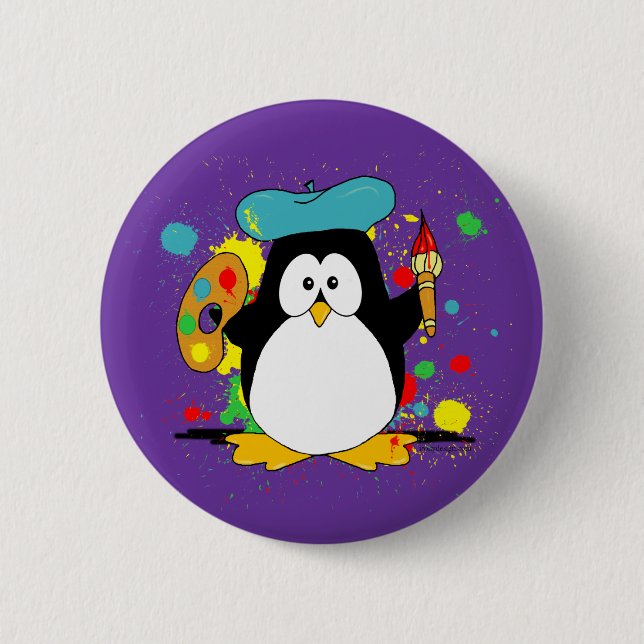 Künstlerischer Pinguin Cartoon Button (Vorderseite)