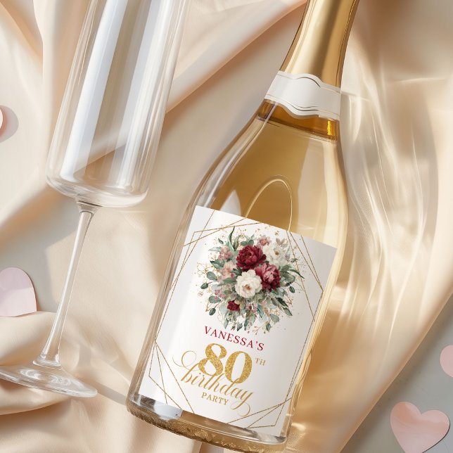 Künstlerischer Rouge Burgunder 80. Geburtstags-Cha (Artistic Blush Burgundy 80th Birthday Champagne Labels)