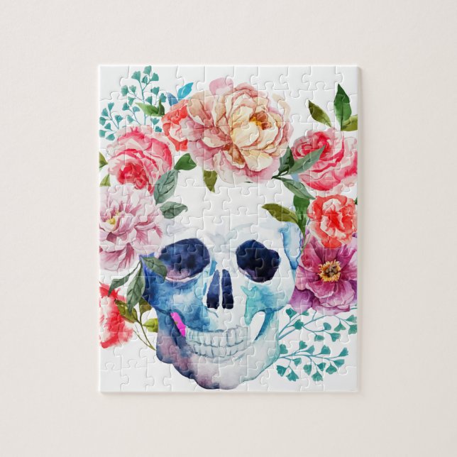 Künstlerischer Watercolorschädel und -Blumen Puzzle (Vertikal)