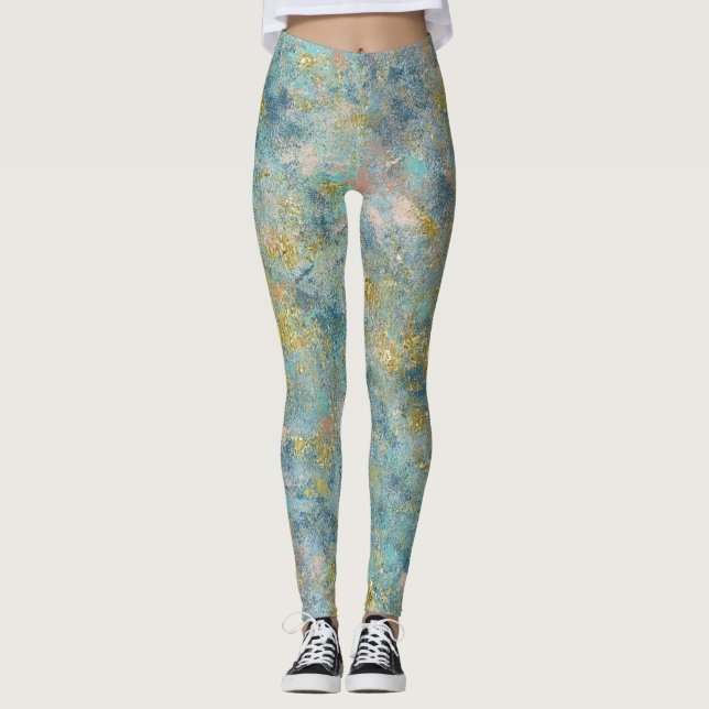 Künstlerisches blaues Gold Abstrakt Leggings (Vorderseite)