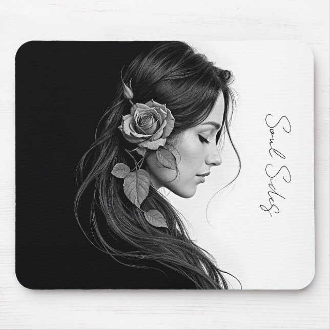 Künstlerisches Frauenprofil mit Rose in Monochrome Mousepad (Vorne)