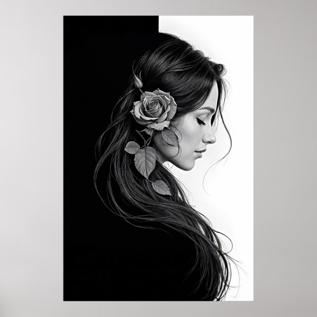 Künstlerisches Frauenprofil mit Rose in Monochrome Poster (Vorne)