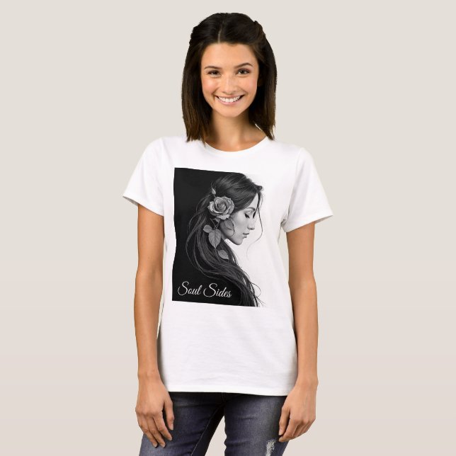 Künstlerisches Frauenprofil mit Rose in Monochrome T-Shirt (Vorne ganz)