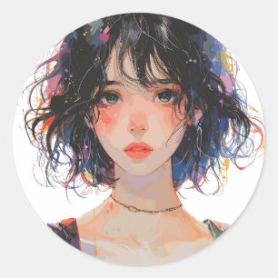 Künstlerisches japanisches Girl-Portrait Runder Aufkleber