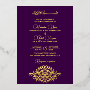Künstlerisches Lila-Gold-Blumen-Paisley-Muslim-Hoc Folieneinladung
