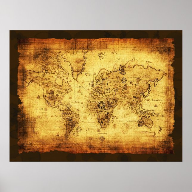 Künstlerisches Vintages Old Gold World Map Poster (Vorne)