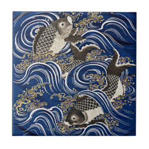 Künstliche Eleganz - Vintager japanischer Karpfen  Fliese